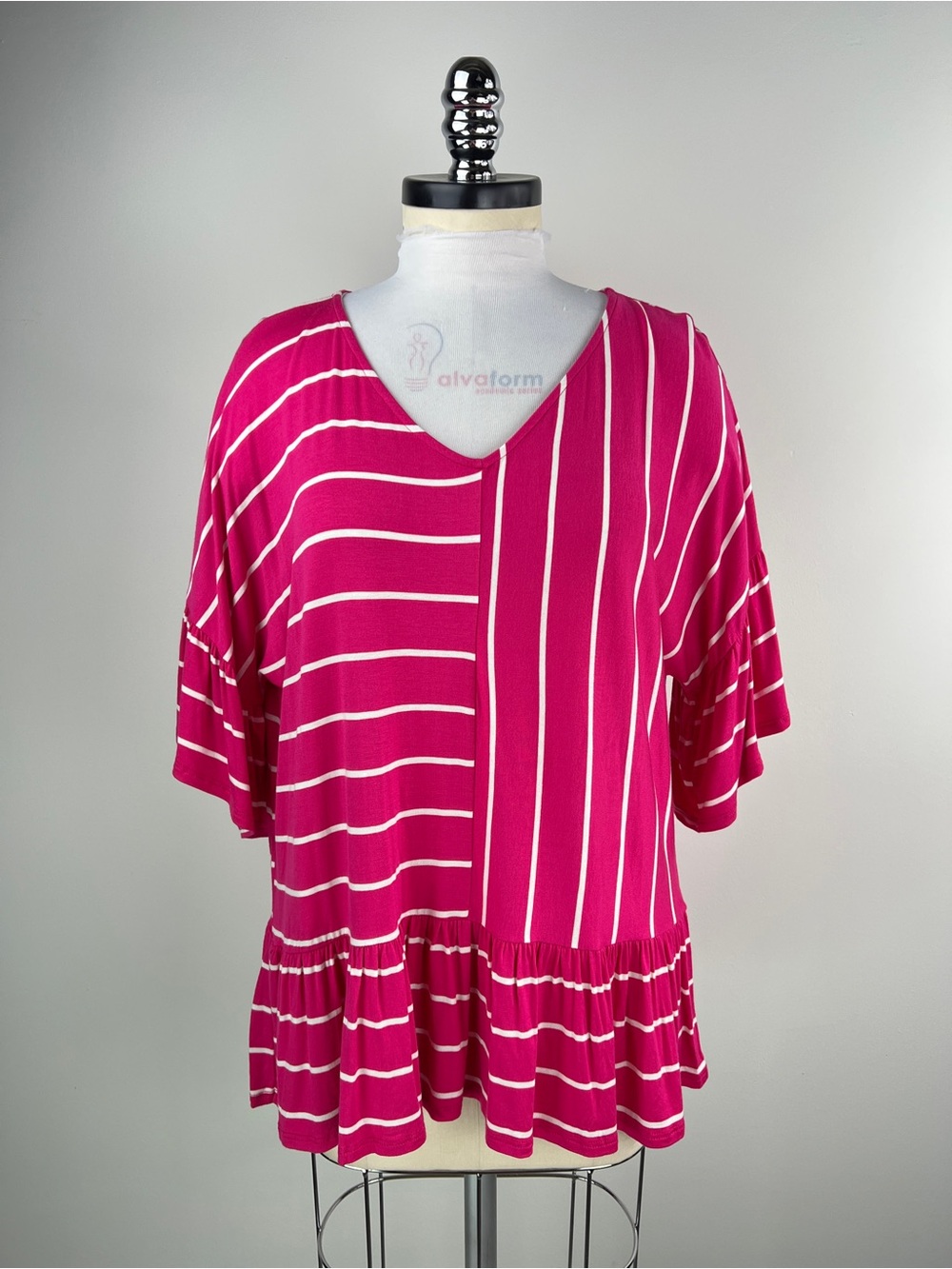 💚 3680. Fuchsia & White Striped V-Neck Peplum Top